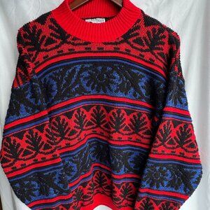 Vintage Milestone New York Chunky Knit Sweater Bold Pattern Red Black Blue